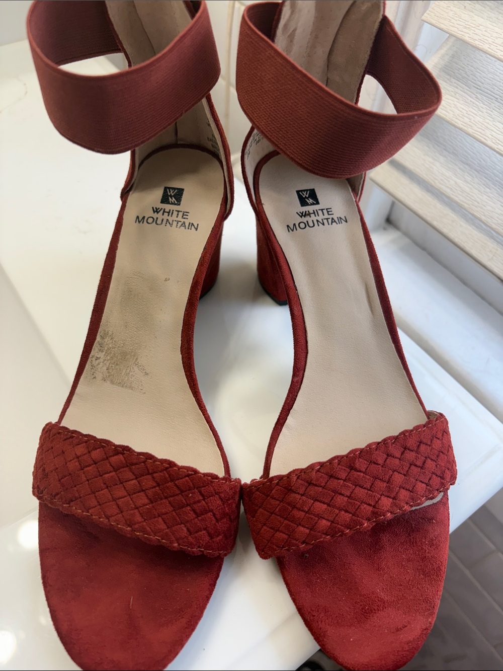 White Mountain Brick Red Braided Suede Block Heel Sandals